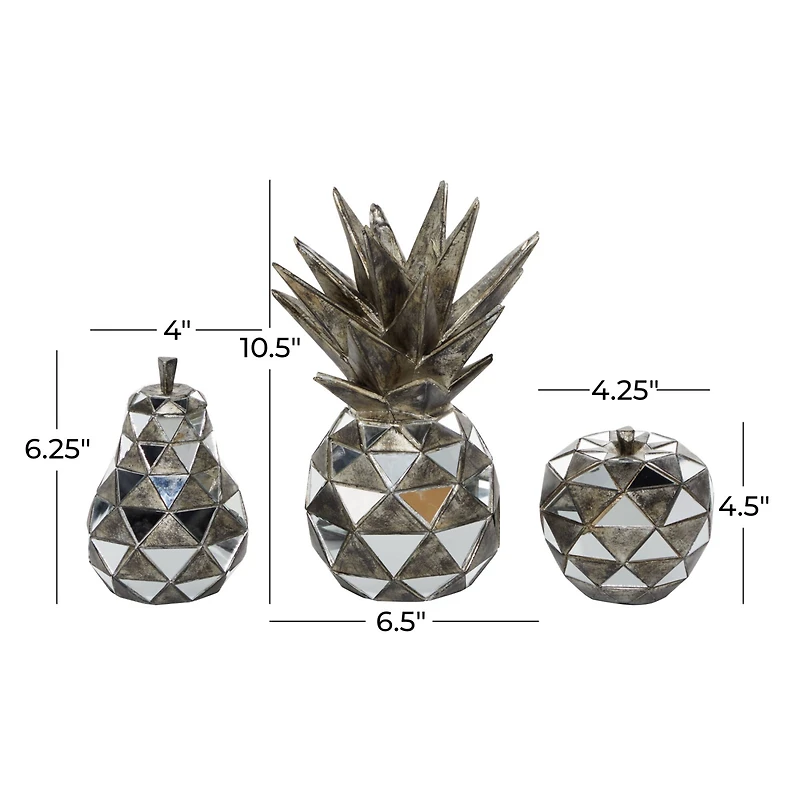 Set of 3 Silver Polystone Contemporary Fruit Sculpture, 4.5", 6.25", 10.5"