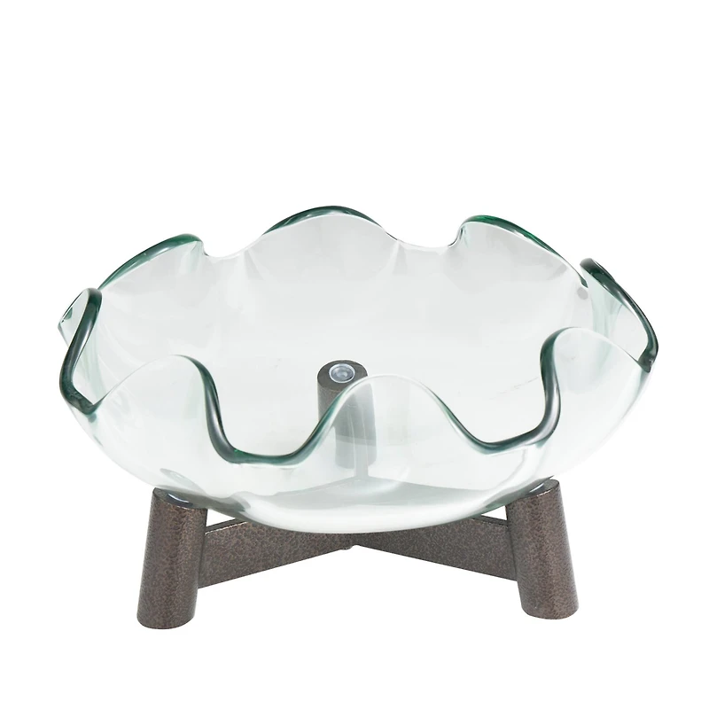 9" Clear Glass Floral Inspired Serving Bowl with Bronze Hammered Y-Shaped Stand