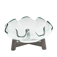 9" Clear Glass Floral Inspired Serving Bowl with Bronze Hammered Y-Shaped Stand