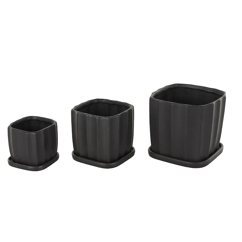 Black Square Wide Groove Textured Ceramic Planter Set