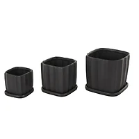 Black Square Wide Groove Textured Ceramic Planter Set