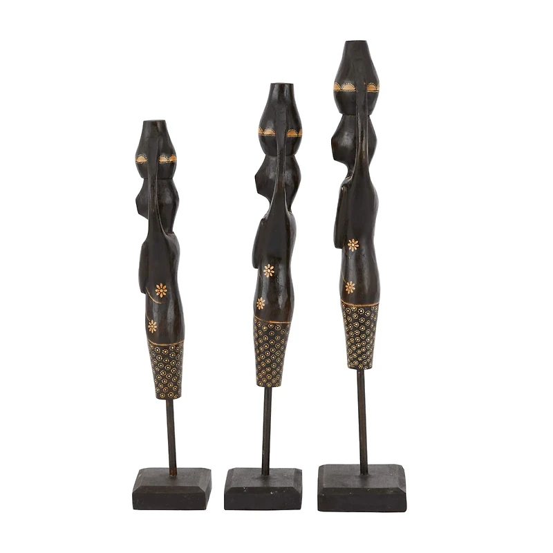 Set of 3 Black Wood Bohemian Sculptures, 23" x 4" x 4"