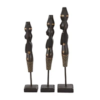 Set of 3 Black Wood Bohemian Sculptures, 23" x 4" x 4"