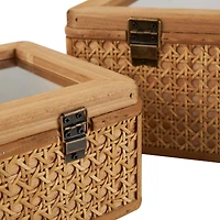 Brown Woven Rattan Box with Glass Top Set
