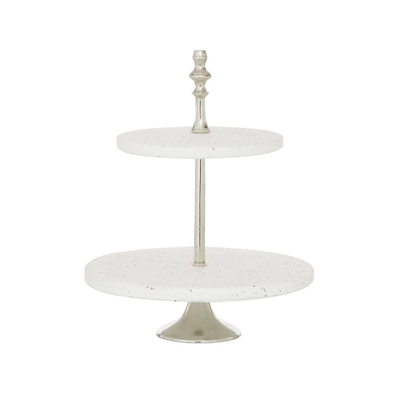 White Stoneware & Aluminum 2 Tier Tray Stand