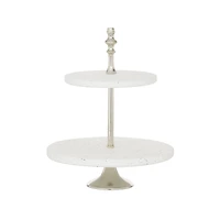 White Stoneware & Aluminum 2 Tier Tray Stand