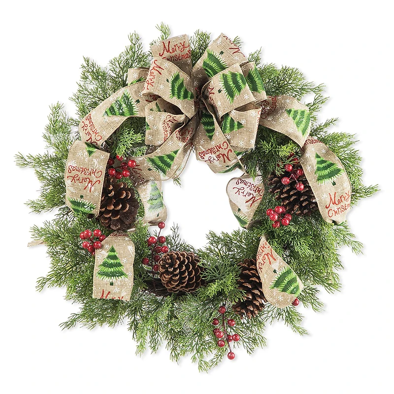 Glitzhome® 24" Cypress Leaves & Pinecone Wreath with Ribbon & Bow