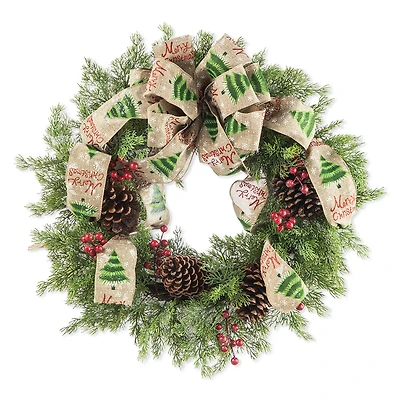 Glitzhome® 24" Cypress Leaves & Pinecone Wreath with Ribbon & Bow