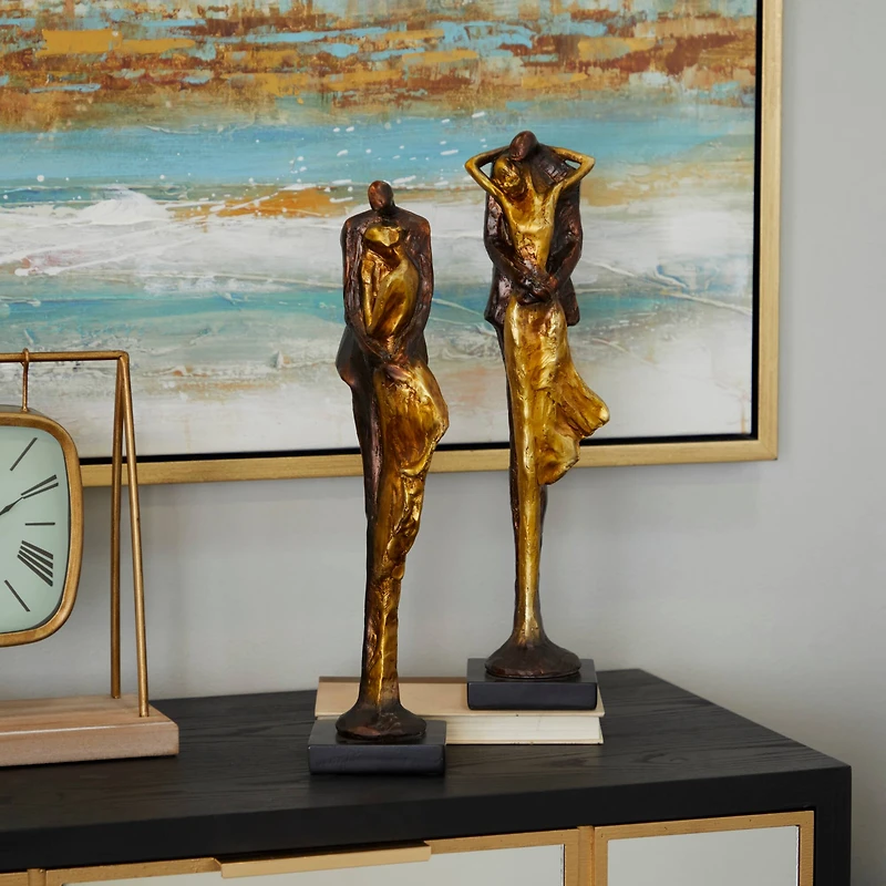 Bronze Polystone Modern People Sculpture, Set of 2" 4", 17"