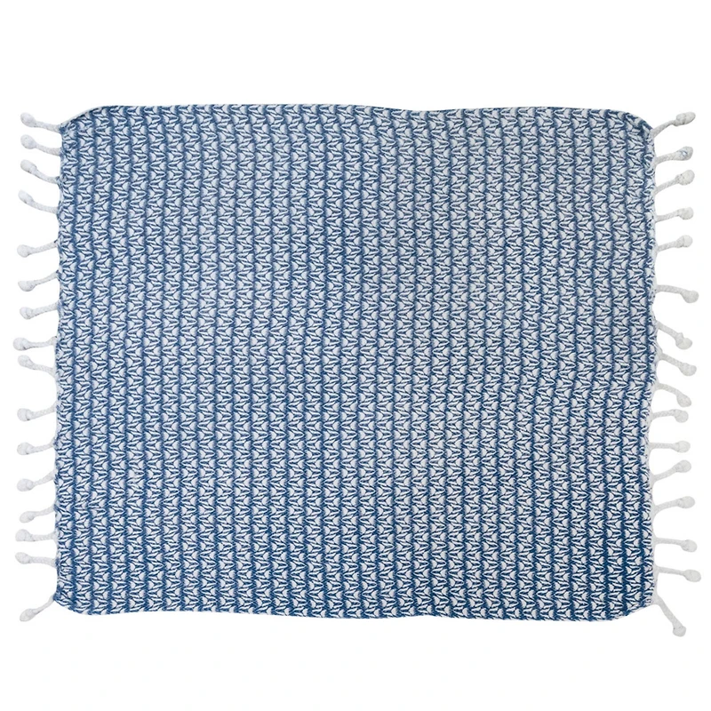 Hello Honey® Blue & Cream Printed Cotton Throw Blanket with Braided Pom Pom Tassels