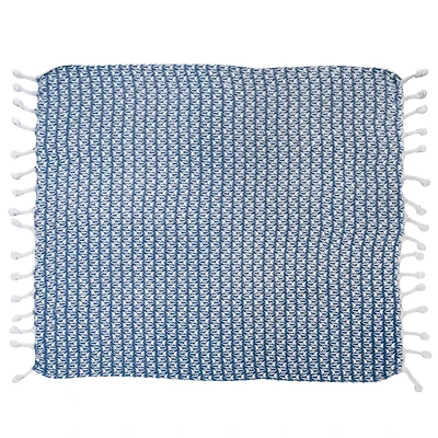 Hello Honey® Blue & Cream Printed Cotton Throw Blanket with Braided Pom Pom Tassels