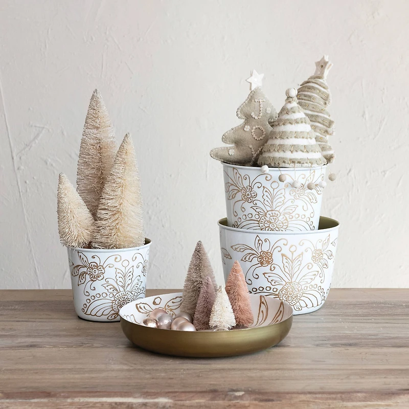 Hello Honey® White & Gold Finish Enameled Metal Planters Set with Floral Design