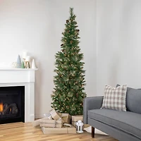 7ft. Pre-Lit Yorkshire Pine Pencil Artificial Christmas Tree with Pinecones & Gold Glitter, Clear Lights