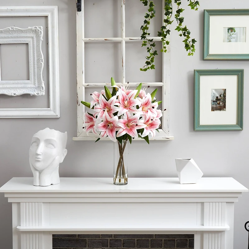 25" Artificial Pink Lily Arrangement with Cylinder Glass Vase