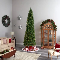 11ft. Pre-Lit Slim Green Mountain Pine Artificial Christmas Tree, Clear LED Lights