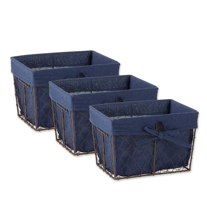 DII® Small Rustic Bronze Chicken Wire Baskets with French Blue Liners, 3ct.