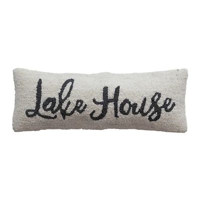 Hello Honey® Cream & Navy Embroidered Lake House Wool & Cotton Lumbar Pillow
