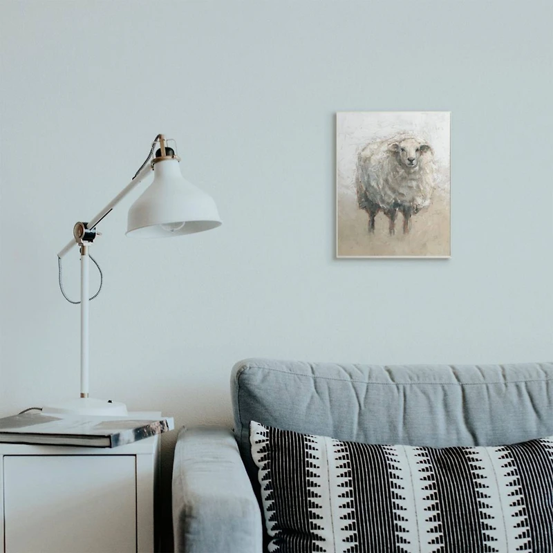 Stupell Industries Fluffy Sheep Farm Animal Beige Tan Painting Wood Wall Plaque