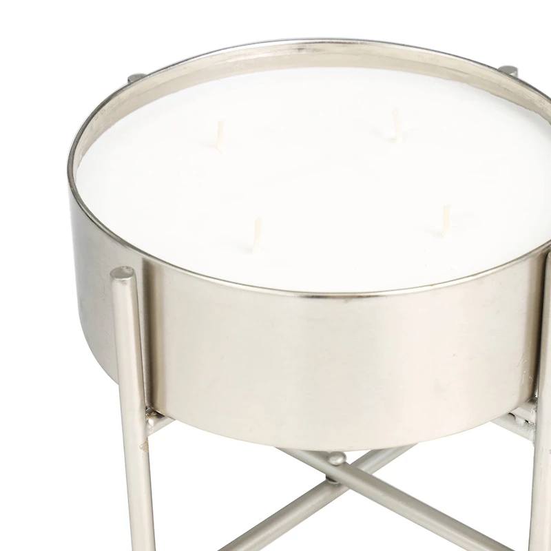 55oz. Sweet Bamboo Scented White 4 Wick Candle in Silver Bowl with Stand