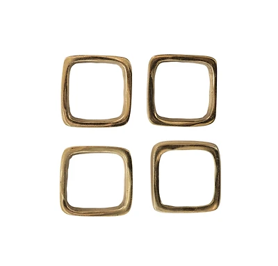 Hello Honey® Brass Finished Square Metal Napkin Rings with Leather Tie Set