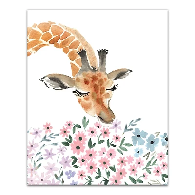 Giraffe Smelling Flowers 24" x 30" Canvas Wall Art
