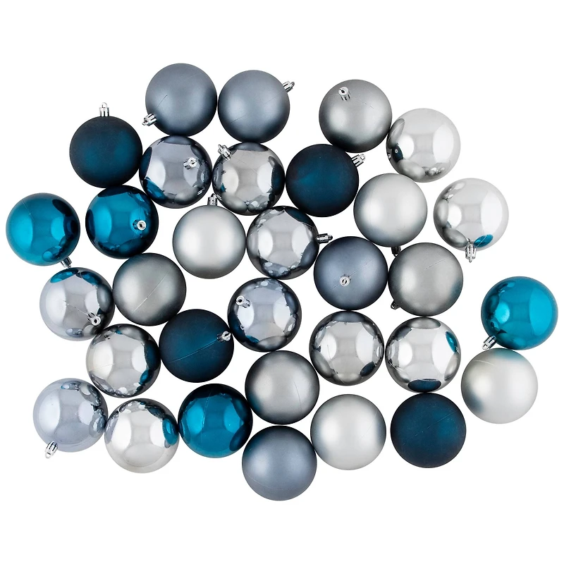 Shatterproof 2-Finish Christmas Ball Ornaments - 3.25" (80mm) - Blue and Silver - 32ct