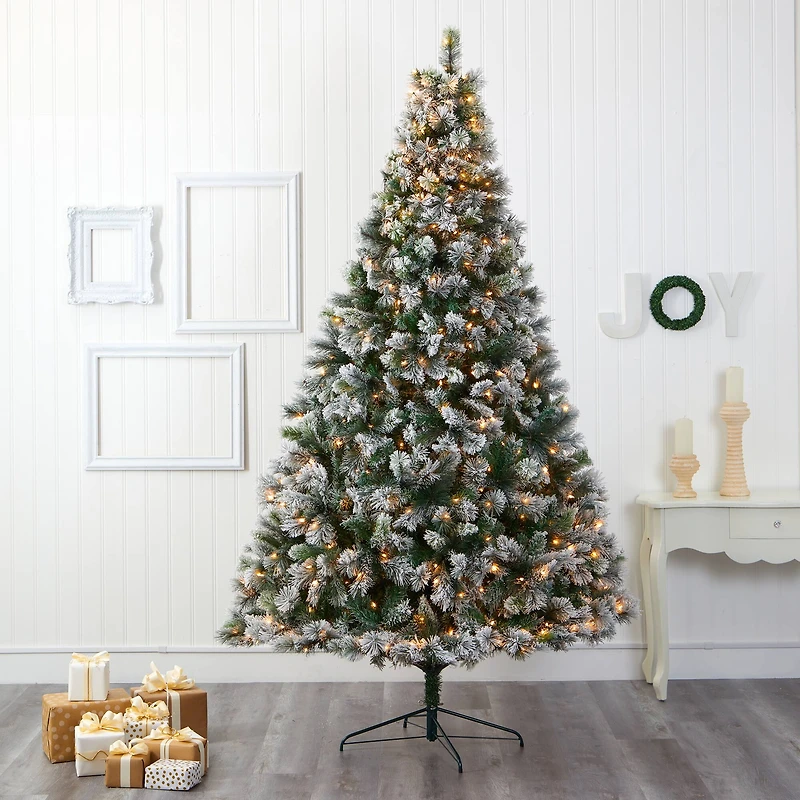 9ft. Pre-Lit Flocked Oregon Pine Artificial Christmas Tree, Clear LED Lights