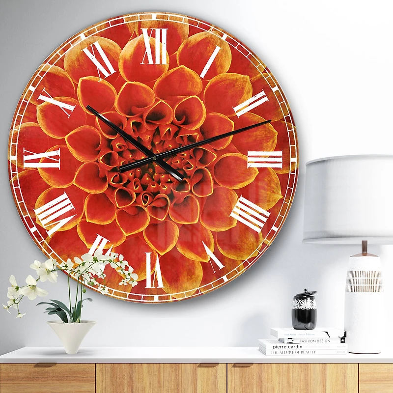 Designart Orange Abstract Flower Design Traditional Wall Clock