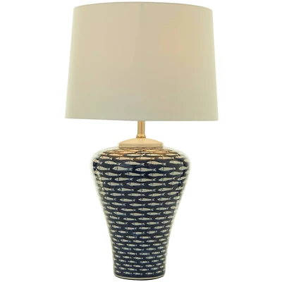 Dark Blue Ceramic Gourd Style Base Fish Table Lamp with Drum Shade 15" x 15" x 29"