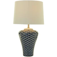 Dark Blue Ceramic Gourd Style Base Fish Table Lamp with Drum Shade 15" x 15" x 29"