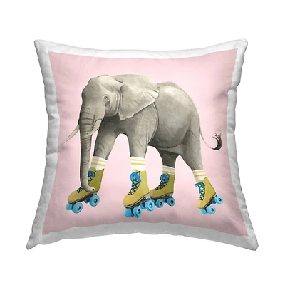 Stupell Industries Quirky Elephant Roller Skating Retro Pink Throw Pillow 18" x 18"