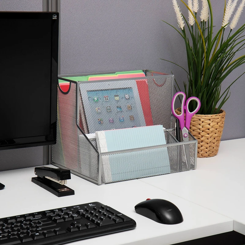 Mind Reader Network Collection Silver Metal Mesh 4-Compartment Desktop Organizer