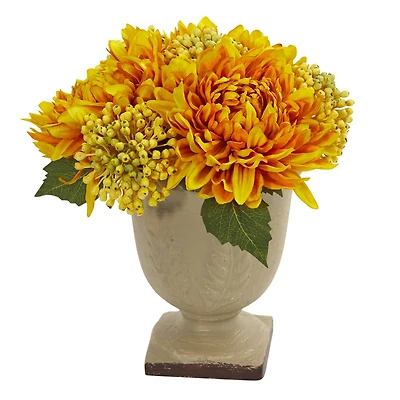 12" Yellow Mum Arrangement in Decorative Planter
