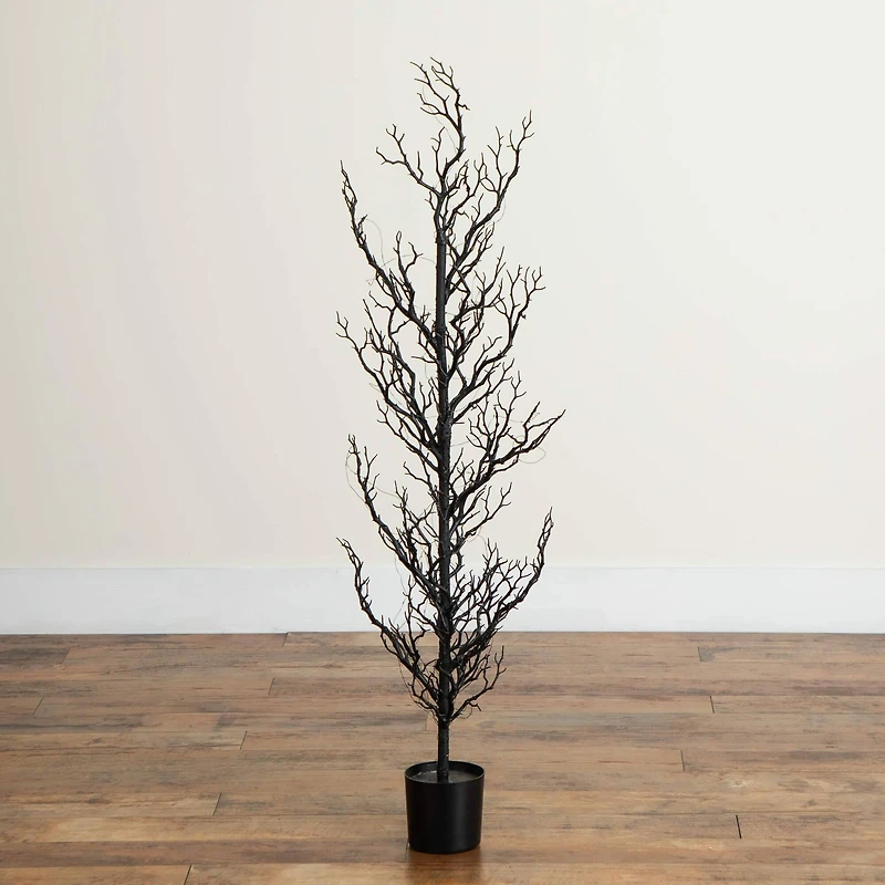 4ft. Pre-Lit Artificial Halloween Black Spooky Twig Tree with 160 Orange & Purple Copper Wire String LED Lights