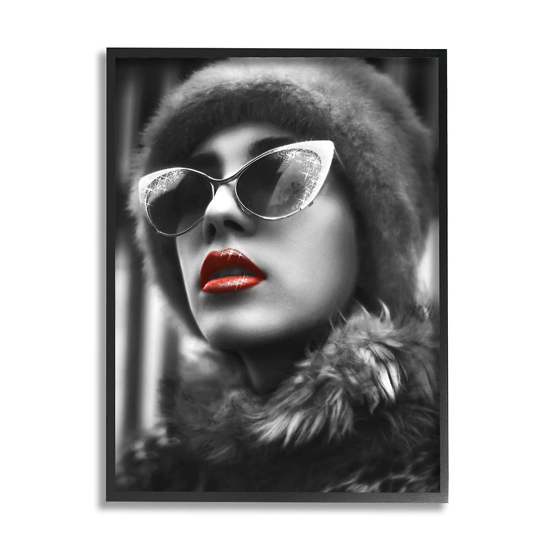 Stupell Industries Fashion Woman Red Lips Glam Sunglasses Fur Coat Framed Wall Art