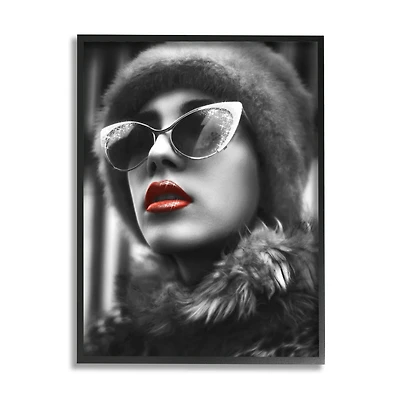 Stupell Industries Fashion Woman Red Lips Glam Sunglasses Fur Coat Framed Wall Art