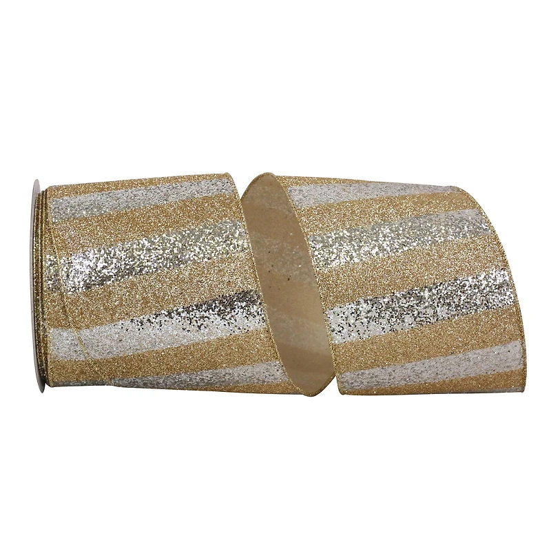 JAM Paper 4" x 10yd. Gold & Silver Duo Wired Glitter Bar Ribbon