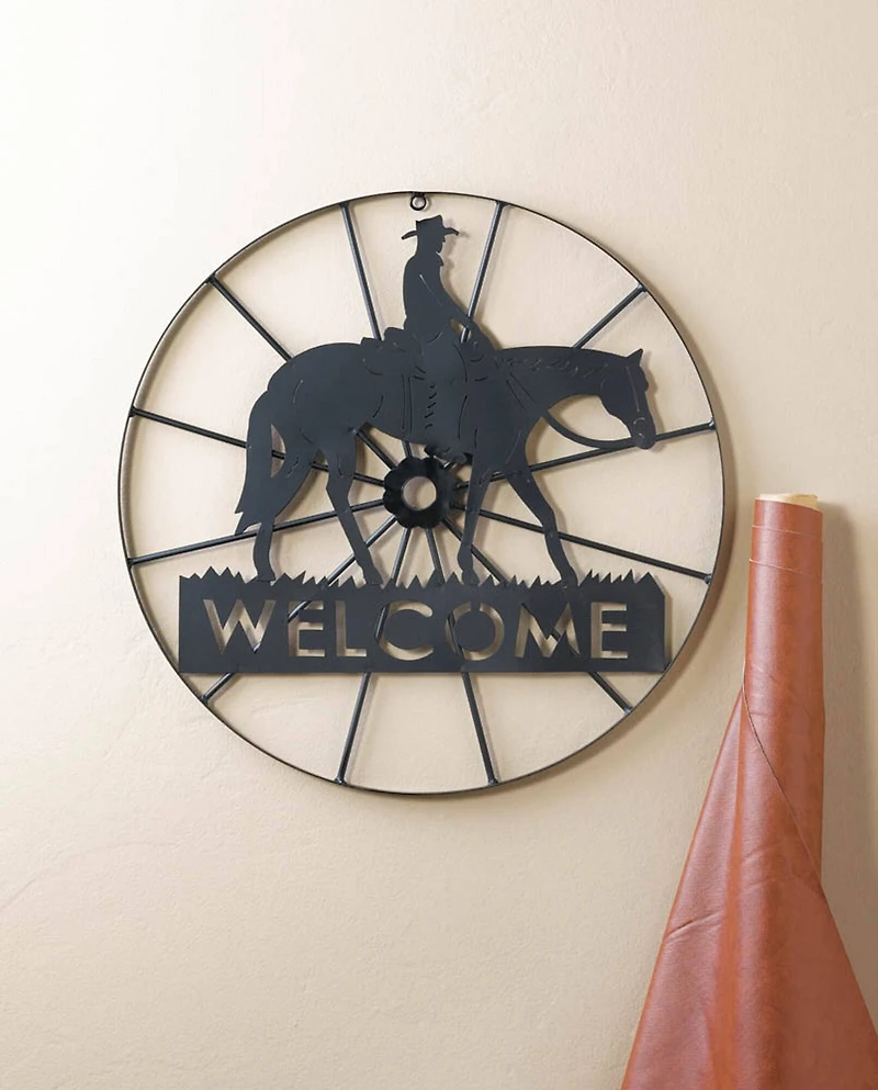 Black Metal Cowboy Welcome Wheel Sign
