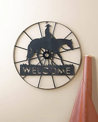 Black Metal Cowboy Welcome Wheel Sign