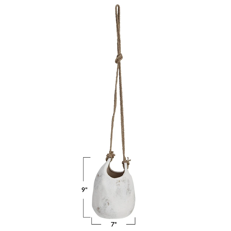 Hello Honey® 9.5" White Distressed Volcano Finish Hanging Stoneware Planter with Jute Rope Hanger