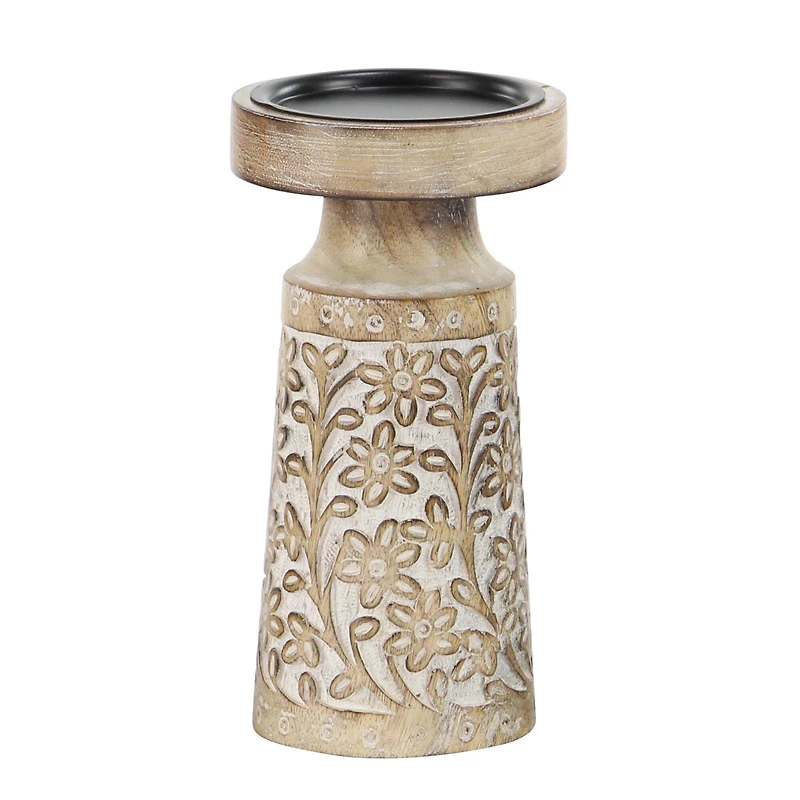 Brown & White Mango Wood Floral Candle Holder Set