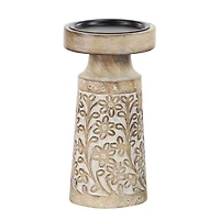 Brown & White Mango Wood Floral Candle Holder Set