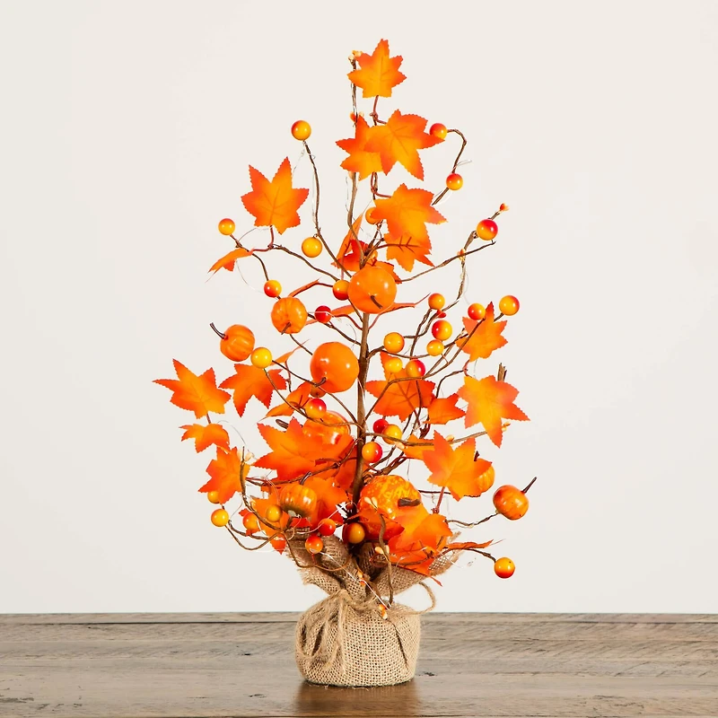 18in. Pre-Lit Artificial Maple Tree with Pumpkin Ornaments and 30 LED String Lights in Burlap Wrapped Base