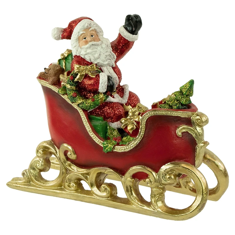 9.5" Red & Gold Waving Santa Sitting in a Sleigh Christmas Decoration