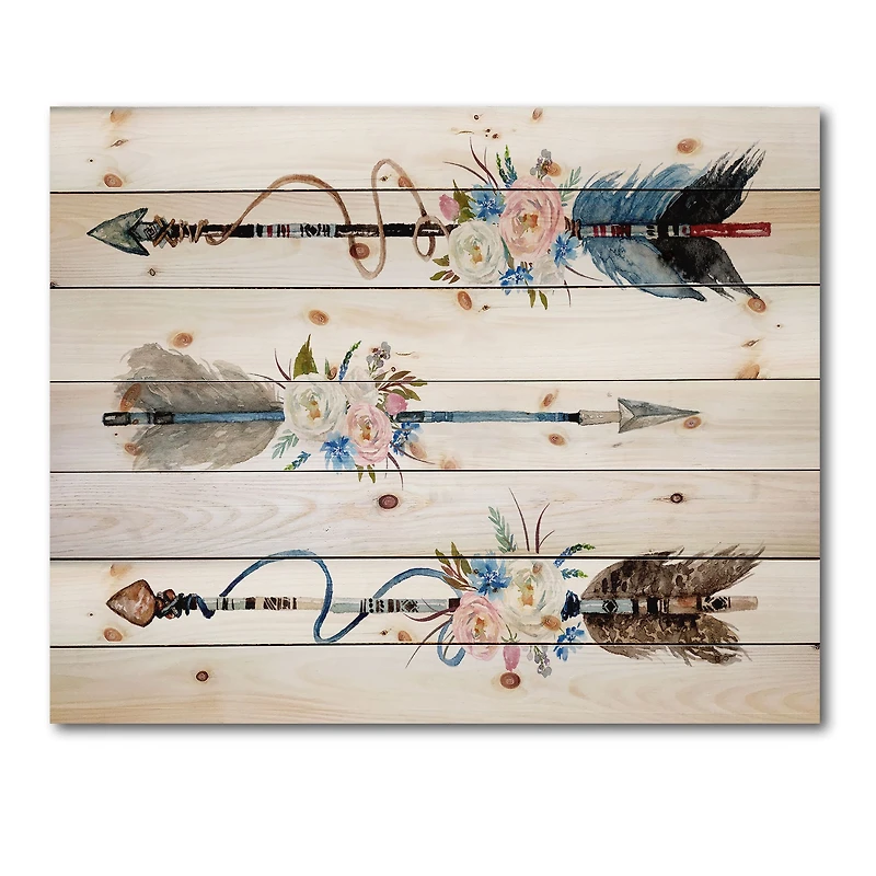 Designart - Ethnic Feathers and Flowers On Native Arrows I - Bohemian & Eclectic Print on Natural Pine Wood