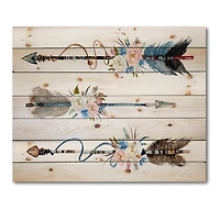 Designart - Ethnic Feathers and Flowers On Native Arrows I - Bohemian & Eclectic Print on Natural Pine Wood