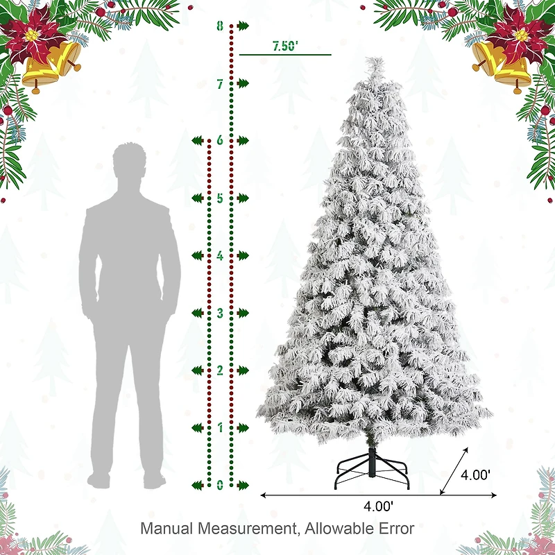 Glitzhome® 7.5ft Pre-Lit Flocked Full Spruce Artificial Christmas Tree, Warm White LED Lights