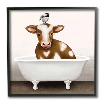 Stupell Industries Cow in Bathtub with Perched Bird Animals,12" x 12"
