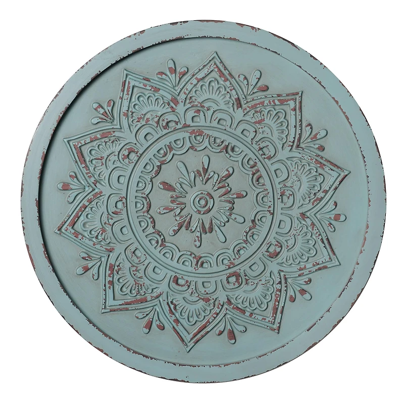 American Art Decor™ 17" Distressed Turquoise Boho Rustic Farmhouse Wood Framed Wall Medallion