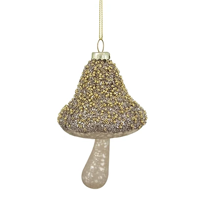 Mushroom Glass Christmas Ornament - 4.75" - Champagne Gold  Finish